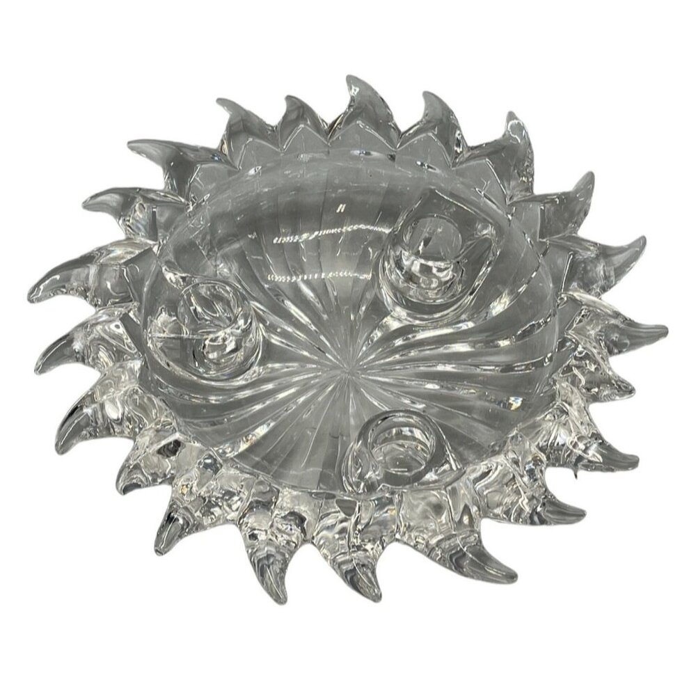 Crystal 3 candle holder sun burst spike shape footed crystal center top READ